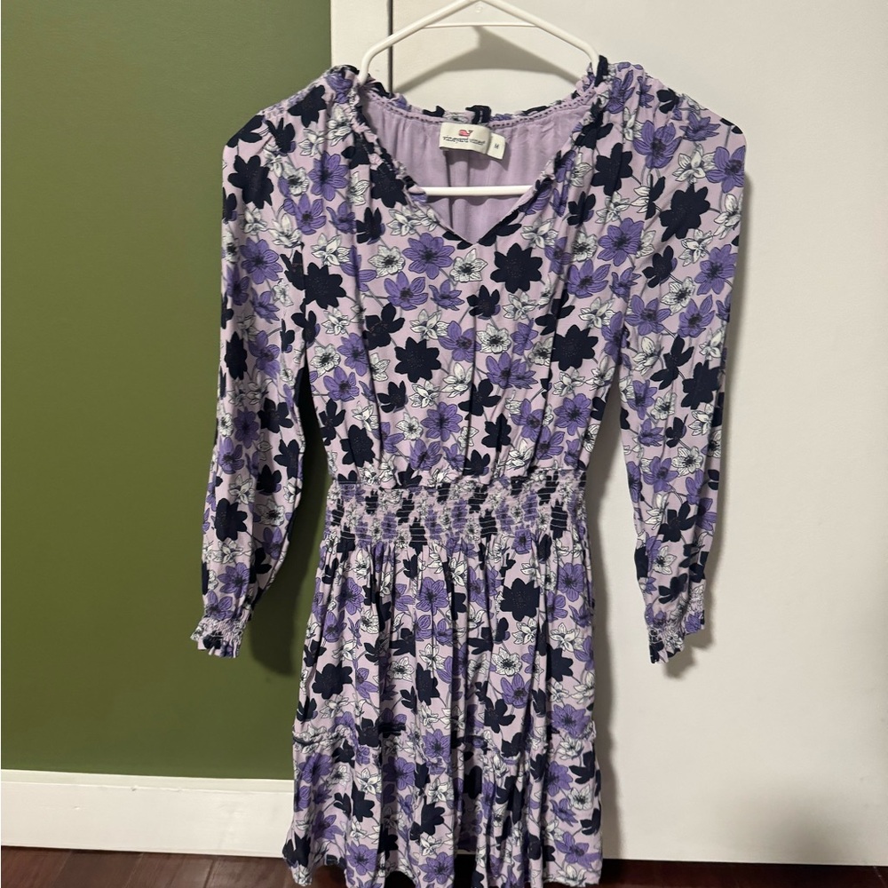 Vineyard Vines Girls' Smocked Long-Sleeve Dress (Easton Floral - Iris) Size M